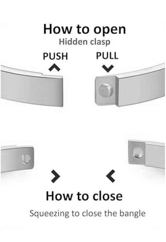 Instructions on how to open and close a silver bangle with text and arrows.